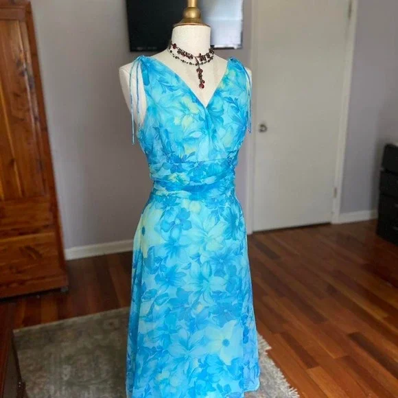 Connected Apparel Y2K Fairy Blue Floral Chiffon Midi Dress Ruched Waist Size 14 - Picture 6 of 8
